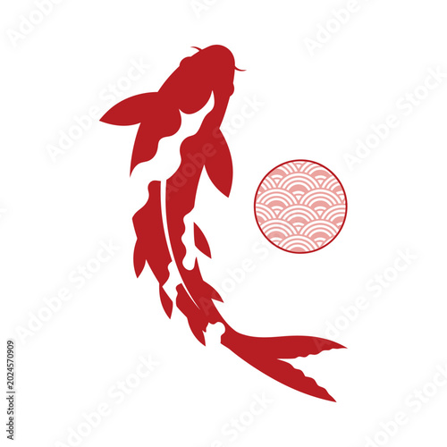A red koi fish swims next to a circular pattern on a white background.