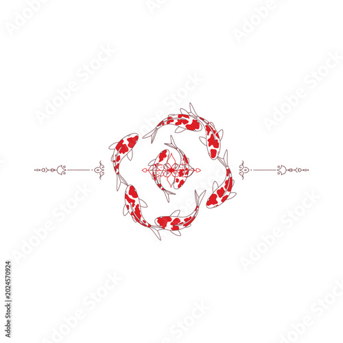 Koi fish swim in a decorative circle pattern with red and white scales.