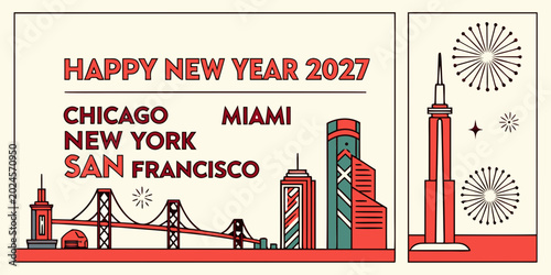 USA, US, U.S, United States - Happy new year 2027 greeting card design with usa city skylines of chicago new york and san francisco featuring festive fireworks and modern flat vector illustration
