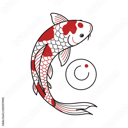 A colorful koi fish swims alongside a smiley face bubble in water