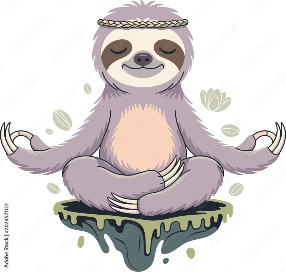 Obraz premium A cute cartoon sloth sitting in a lotus meditation posture representing inner peace and mindfulness on International Yoga Day