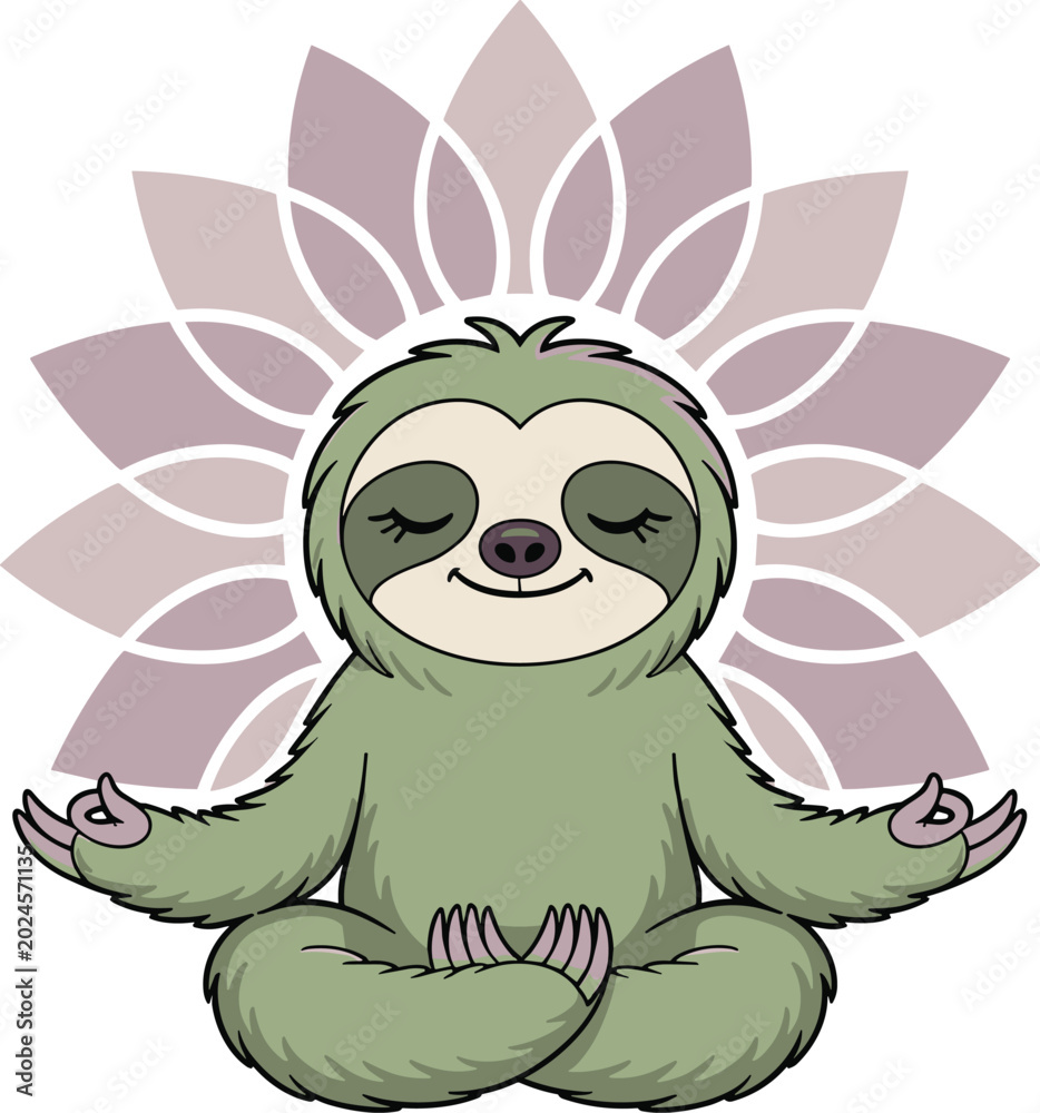 Obraz premium A cute cartoon sloth sitting in a meditative yoga pose with a peaceful expression in front of a lotus flower silhouette
