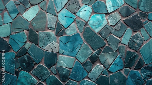 Teal mosaic tiles arranged in a patterned design, showcasing various shades from light to dark teal, creating a textured, modern aesthetic