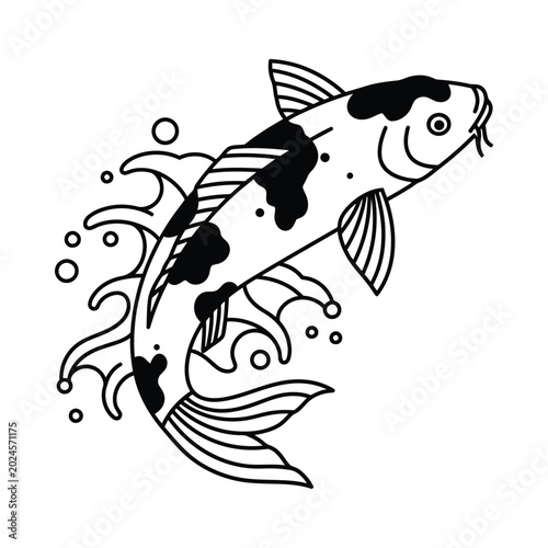 A koi fish swims through wavy aquatic plants and bubbles in water.