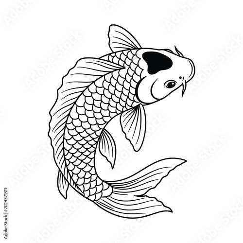 A detailed illustration of a koi fish swimming in water with fins and scales