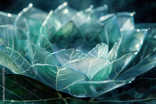 Glistening Leaves with Dew Drops Reflecting Blue Sky and Clouds Ethereal Fantasy Scene