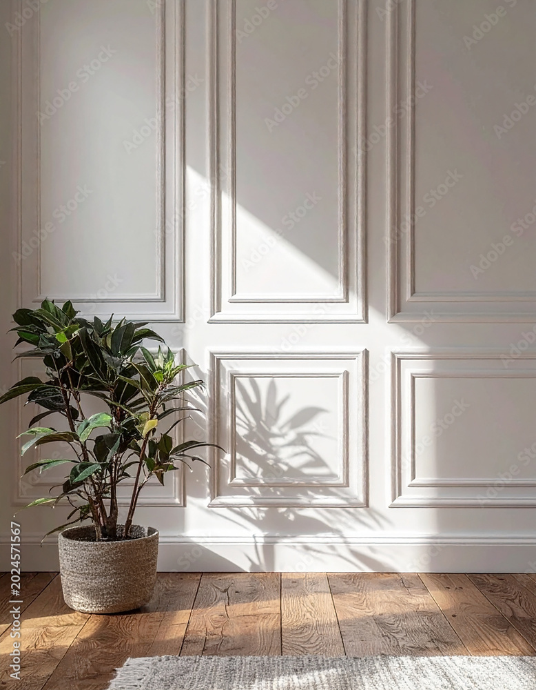 Fototapeta premium An elegant minimalist interior showcasing a classic white paneled wall with molding. A green potted plant sits on a parquet wooden floor as bright sunlight creates soft shadows.