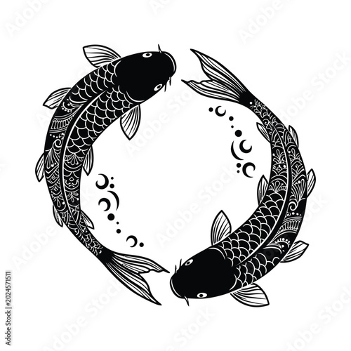 Two koi fish swim around crescent moons in circular motion