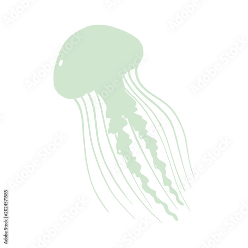 A jellyfish swims in the ocean with long tentacles waving freely underwater.