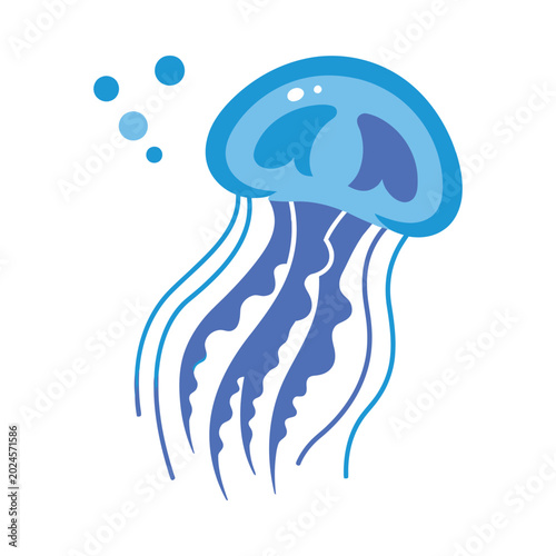 A blue jellyfish swims in the ocean with bubbles rising to the surface.