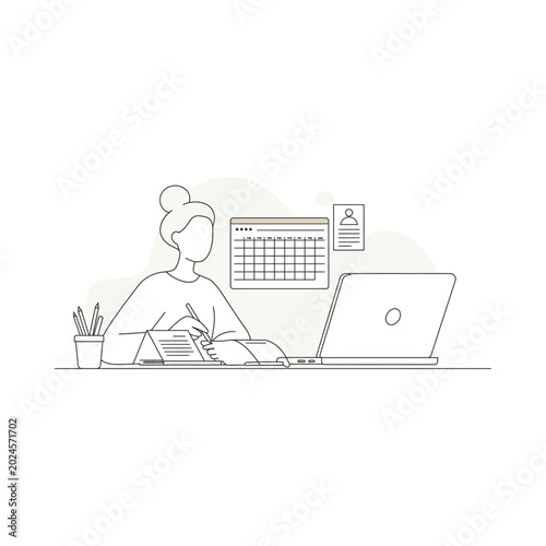 A woman works on her laptop while sitting at a desk with a calendar and papers