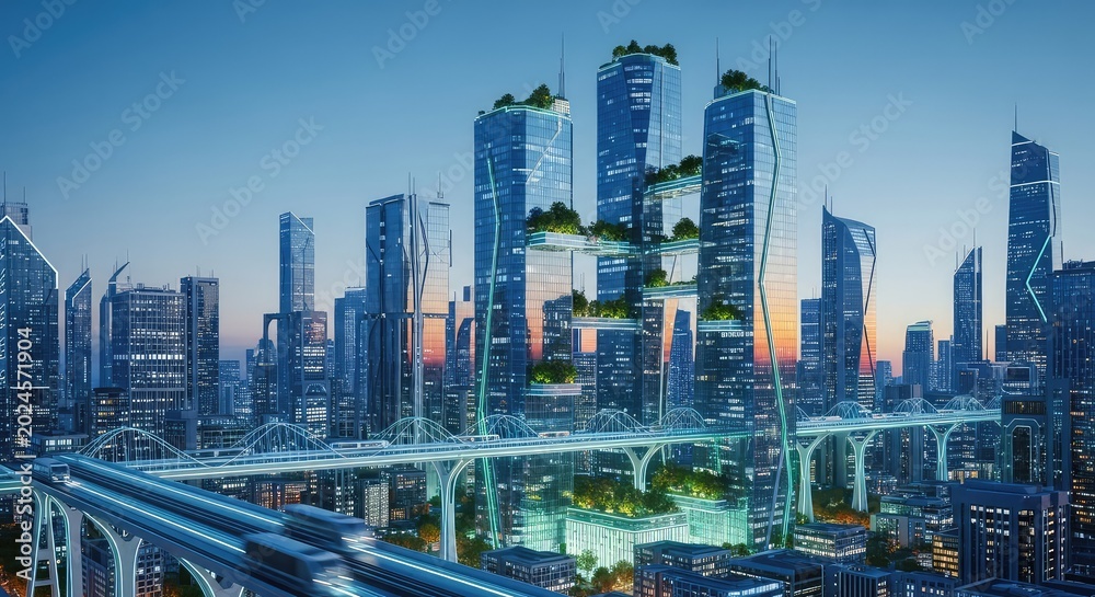 Fototapeta premium A sprawling futuristic metropolis featuring glass towers, integrated vertical gardens, glowing sky bridges, and robotic transportation, 3d, modern, twilight