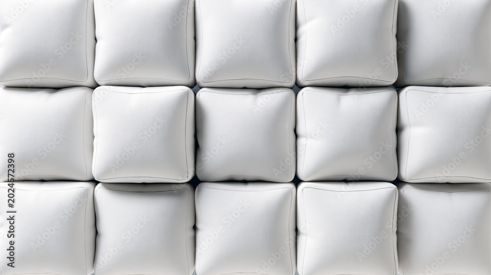 Fototapeta premium White square cushions forming a continuous soft textured background, creating a comfortable and padded surface, a minimalistic design pattern for interior decor and abstract concepts