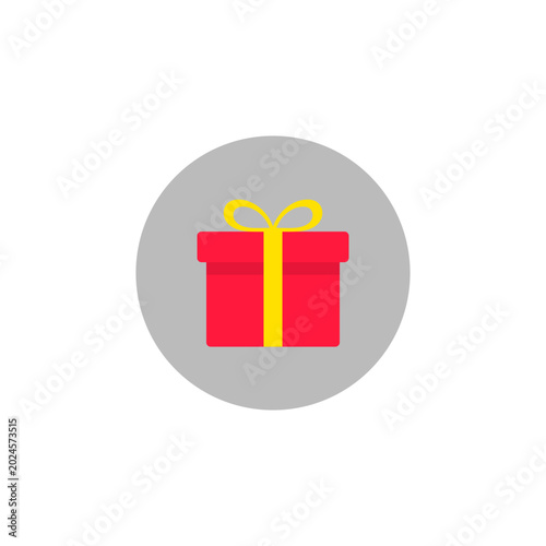 Red gift box icon in gray circle. Present package symbol. Surprise giving sign