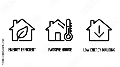 Energy efficiency and passive house sustainable building icon set with efficient building sustainability insulation architecture construction environment temperature residential development
