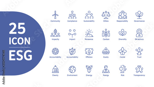 Set of 25 ESG line icons minimalist vector design for corporate response