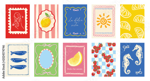 Fotografía summer party  poster decorate with lemon, leaves, lobster, wine, cheese, tomato, crab, shell in line art