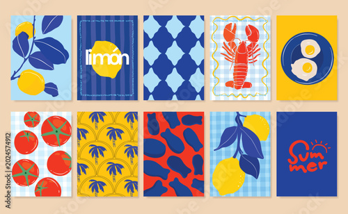 summer party  poster decorate with lemon, leaves, lobster, wine, cheese, tomato, crab, shell in line art. Design for card, greeting card, cover, poster.