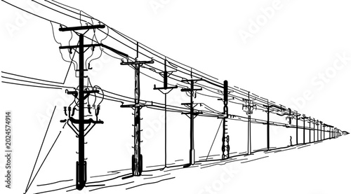Foto Perspective vanishing point sketch of utility poles and overhead power lines lin