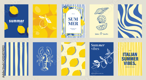 summer party  poster decorate with lemon, leaves, lobster, wine, cheese, tomato, crab, shell in line art. Design for card, greeting card, cover, poster.