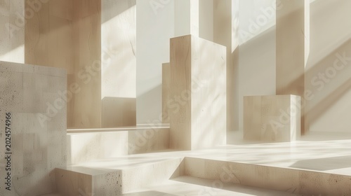 Abstract Beige Concrete Interior with Vertical Columns and Shadows, Minimalist Design, Soft Lighting, Futuristic Aesthetic