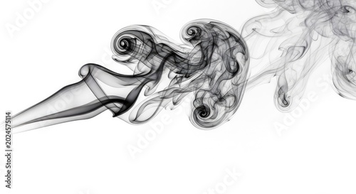 Swirling tendrils of dark grey and black smoke drift across a pure white backdrop, highlighted by a dramatic light source from the side, flowing, white, dark
