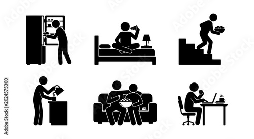 Bild auf Leinwand Stick Figure Eating Icons: Late Night Snack, Bedtime Treat, Stairway Bite, Kitch