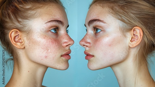 Young Woman's Face with Skin Imperfections and Clear Skin Side-by-Side Comparison