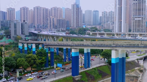 Elevated Metro and Busy Highway in Chongqing City in Chongqing, China