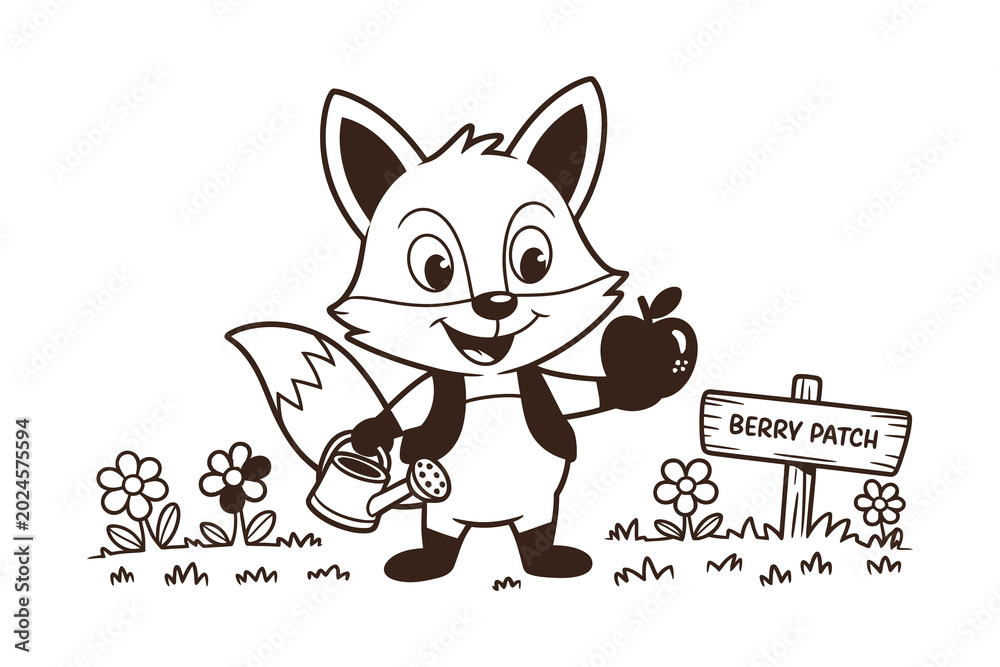 Obraz premium A cartoon fox holding a watering can in a berry patch with flowers