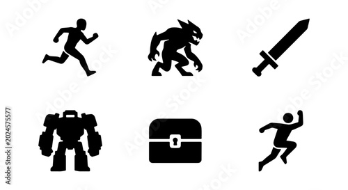 Schilderij op canvas Fantasy Game Icons: Runner, Monster, Sword, Robot, Chest, Runner, Vector Set
