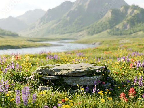 Beautiful flower meadow with stone table in mountain valley landscape