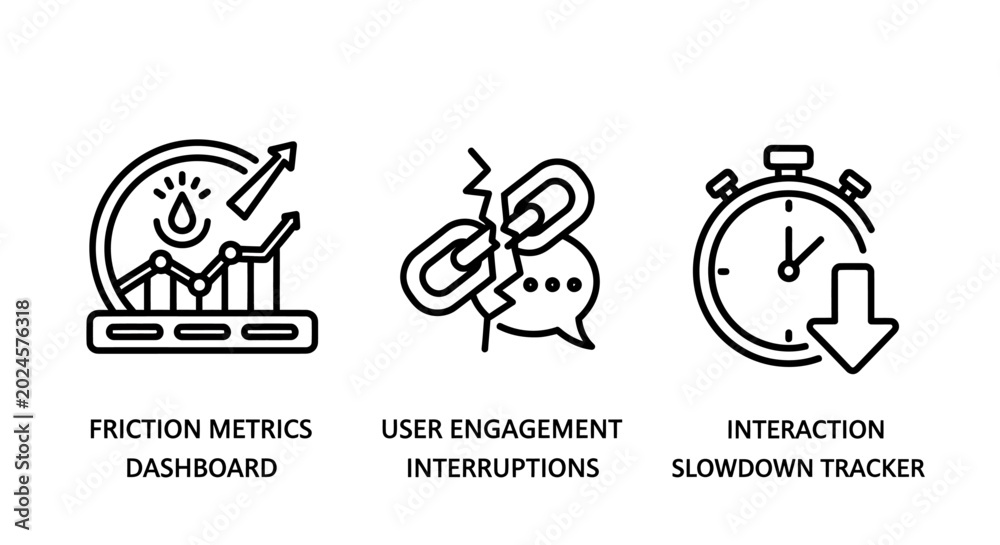 Fototapeta premium Ux friction metrics user engagement interruptions slowdown tracker icons with user experience speech bubble friction dashboard engagement interruptions slowdown performance analytics solution