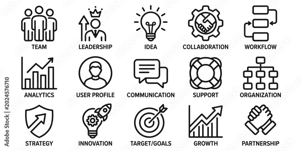 Fototapeta premium Business Teamwork and Strategy Icons Set Outline