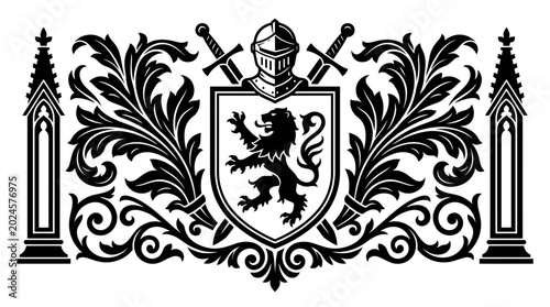 Heraldic Lion Shield Crest with Swords and Ornate Flourish - Black Vector