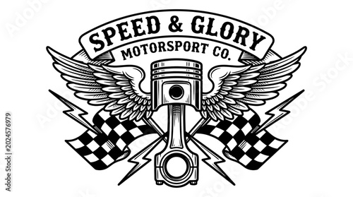 Speed & Glory Motorsport Emblem: Piston, Wings, Checkered Flags, Lightning Bolts
