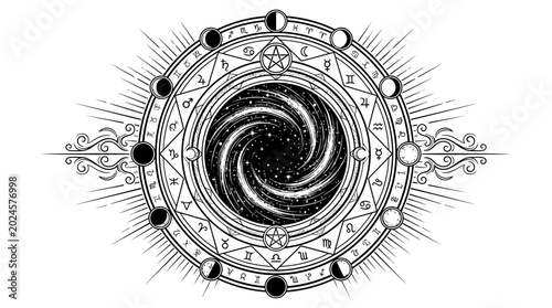 Mystical Cosmic Circle with Moon Phases and Zodiac Symbols