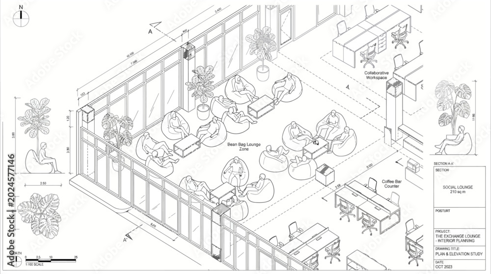 Fototapeta premium Architectural illustration depicts a minimalist lounge seating area with clean lines and simple furniture in an indoor setting with plants.