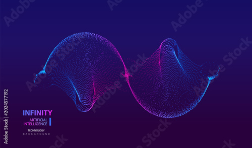 Infinity particle symbol. Technology AI particles banner. Big data concept background. Artificial Intelligence futuristic splash half circles connected each other vector design.