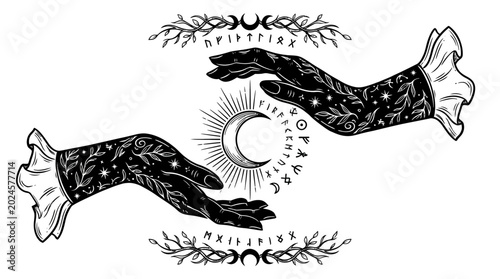 Mystical Hands and Crescent Moon with Runes and Foliage - Esoteric Vector Art