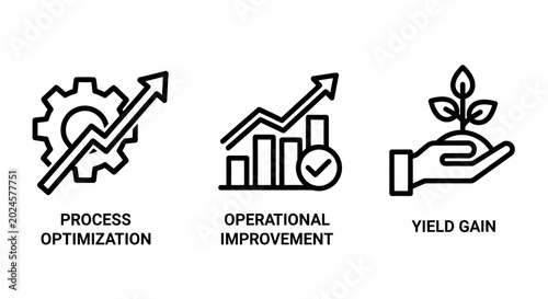 Business process optimization operational improvement and yield gain line icons with optimization operational improvement efficiency business productivity strategy management development