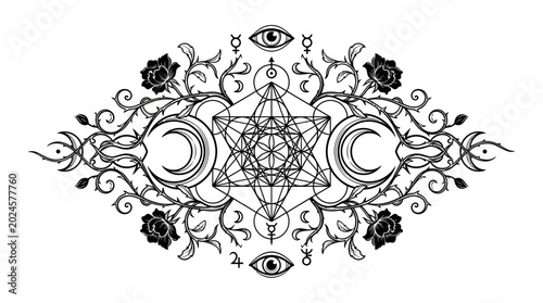 Mystical Geometric Symbol with Roses and Moons - Esoteric Design
