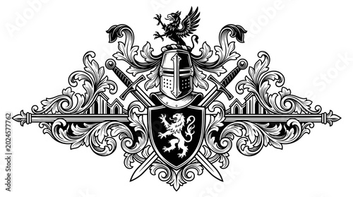 Ornate Heraldic Crest with Knight Helmet, Crossed Swords, Lion Shield, and Griffin