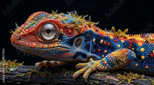 Vibrant, colorful lizard with striking eyes rests on a mossy branch, showcasing intricate patterns and textures.