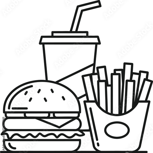 Burger fries and soda fast food meal icon for restaurant menu and takeout.