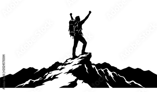 Photography Silhouette of triumphant hiker with raised arms atop a mountain peak black and w