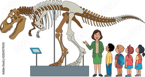 School children on a field trip looking at a large dinosaur skeleton in natural history museum