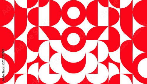 Foto Vibrant red and white abstract geometric pattern with repeating circular and semicircular shapes creating a dynamic, retro-inspired design