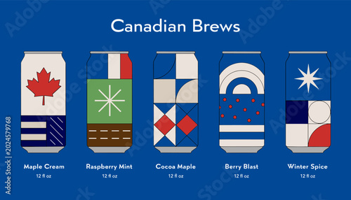 Foto A vibrant illustration showcasing five uniquely designed Canadian beer cans with distinct flavors like Maple Cream, Raspberry Mint, and Winter Spice, set against a blue background