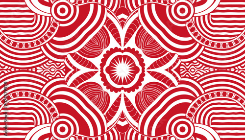 Fotografi Vibrant red and white symmetrical abstract pattern with intricate lines and concentric shapes, resembling a modern kaleidoscope or mandala design